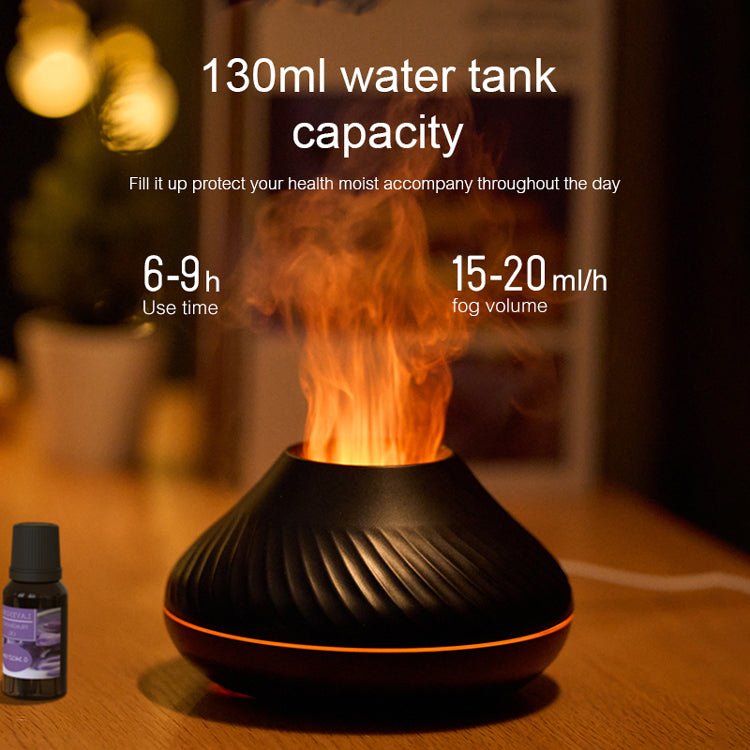 Flame diffuser specs: 130 ml tank, 6 to 9 hours of use, 15 to 20 ml of mist per hour