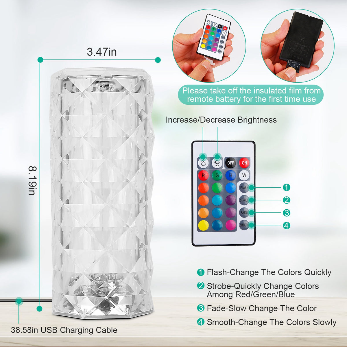 Crystal Rose Lamp – touch crystal table lamp with 16 colors and remote